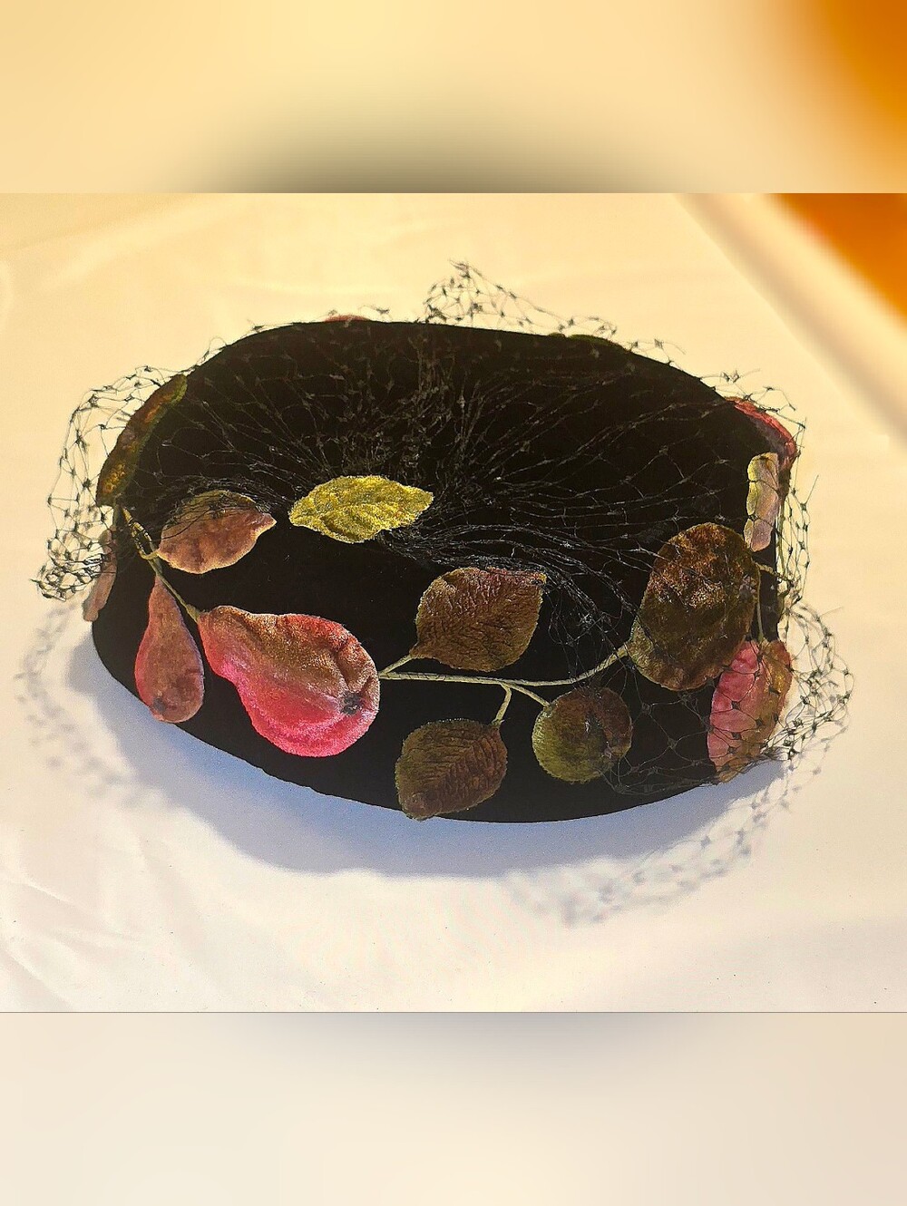 Vintage 1950s Black Velvet Pillbox Hat Fruit, Vines Leaves Veil Union Made
